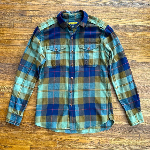 Rugby Ralph Lauren Men’s Blue and Green Plaid Flannel Shirt w/suede elbow patch - Picture 1 of 5